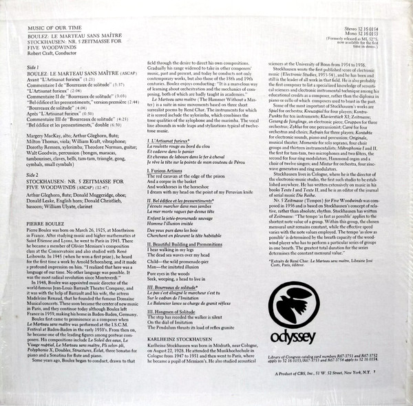 Pierre Boulez , Karlheinz Stockhausen / Robert Craft - Le Marteau Sans Maître / Nr. 5 Zeitmasse For Five Woodwinds | Odyssey (32 16 0154) - 2