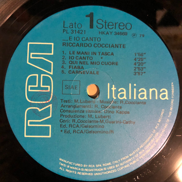 Riccardo Cocciante - ...E Io Canto | RCA Italiana (PL 31421) - 4