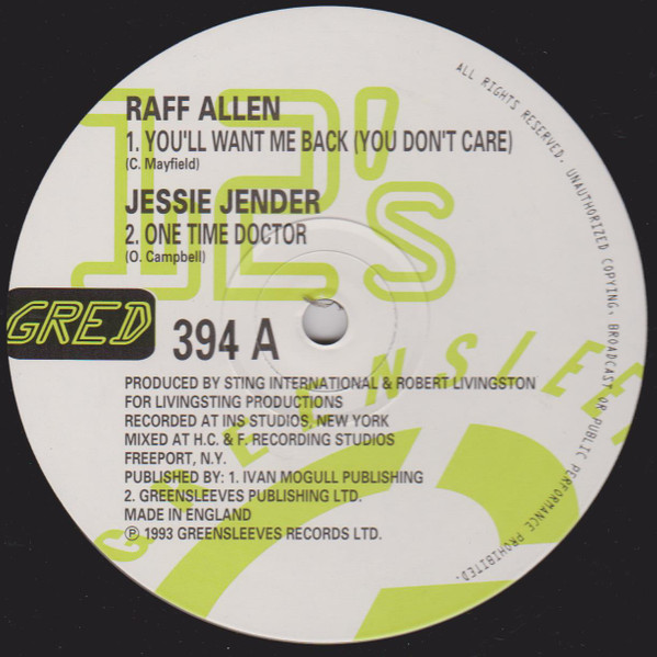 Various - You'll Want Me Back (You Don't Care) | Greensleeves Records (Gred 394)