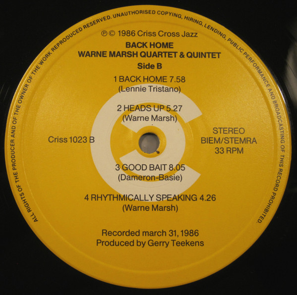 Warne Marsh Quartet & Warne Marsh Quintet - Back Home | Criss Cross Jazz (Criss 1023) - 4 Warne Marsh Quartet & Warne Marsh Quintet - Back Home | Criss Cross Jazz (Criss 1023) - 4