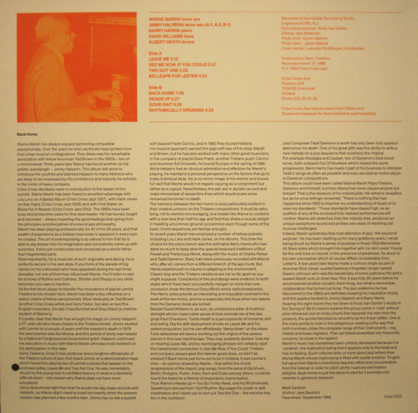 Warne Marsh Quartet & Warne Marsh Quintet - Back Home | Criss Cross Jazz (Criss 1023) - 2 Warne Marsh Quartet & Warne Marsh Quintet - Back Home | Criss Cross Jazz (Criss 1023) - 2