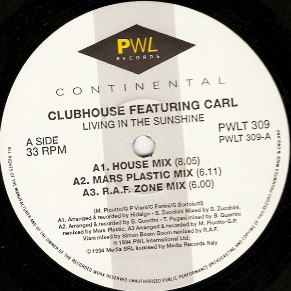 Club House Featuring Carl Fanini - Living In The Sunshine | PWL International (PWLT 309) - 3