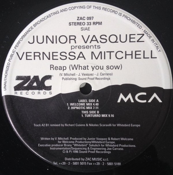 Junior Vasquez Presents Vernessa Mitchell - Reap (What You Sow) | Zac Records (ZAC 097) - 3