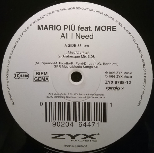 Mario Più Feat. More - All I Need | ZYX Music (ZYX 8788-12)