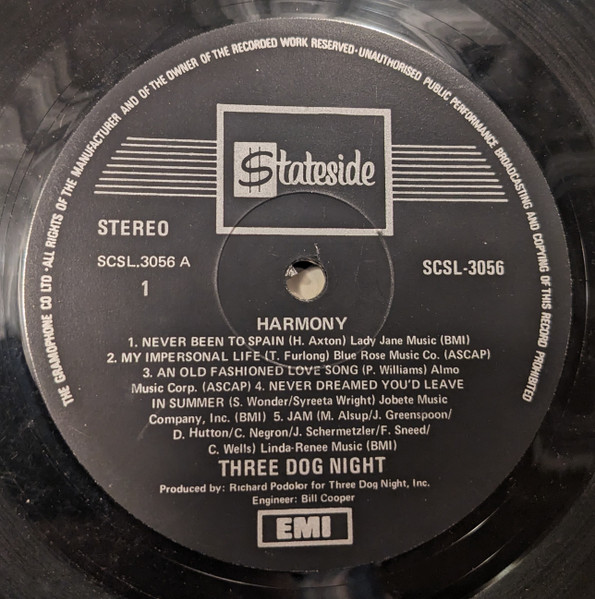 Three Dog Night - Harmony | Stateside (SCSL 170) - 3