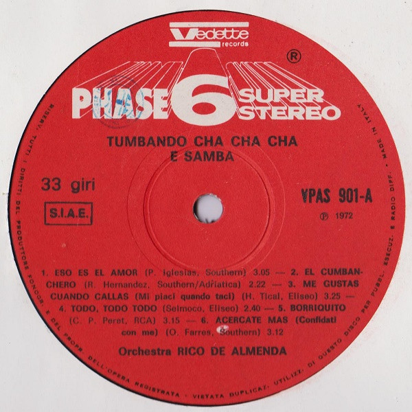 Rico De Almenda Orchestra - Tumbando Cha Cha Cha E Samba | Phase 6 Super Stereo (VPAS 901) - 3