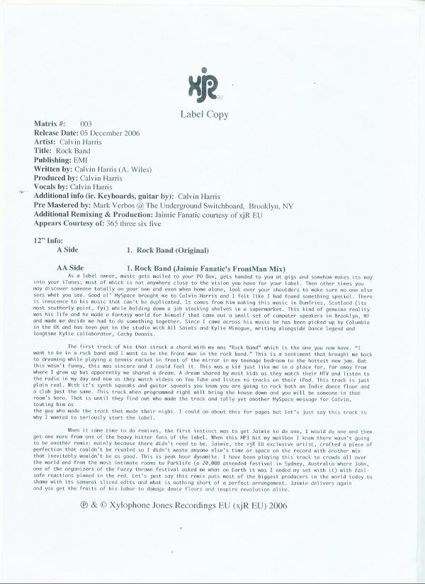 Calvin Harris - Rock Band | Xylophone Jones Recordings (XJR EU 003) Calvin Harris - Rock Band | Xylophone Jones Recordings (XJR EU 003)