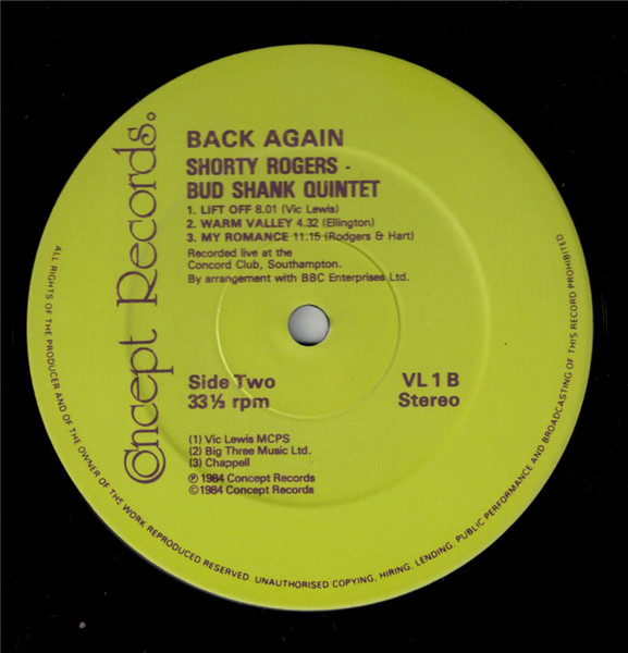 Shorty Rogers , Bud Shank With Vic Lewis And His Big Band , The Bud Shank Quintet - Back Again | Concept Records (CONCEPT VL1) - 4 Shorty Rogers , Bud Shank With Vic Lewis And His Big Band , The Bud Shank Quintet - Back Again | Concept Records (CONCEPT VL1) - 4