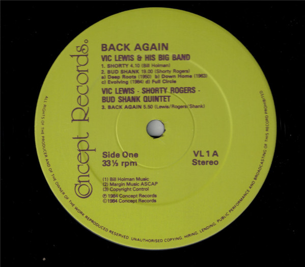 Shorty Rogers , Bud Shank With Vic Lewis And His Big Band , The Bud Shank Quintet - Back Again | Concept Records (CONCEPT VL1) - 3 Shorty Rogers , Bud Shank With Vic Lewis And His Big Band , The Bud Shank Quintet - Back Again | Concept Records (CONCEPT VL1) - 3