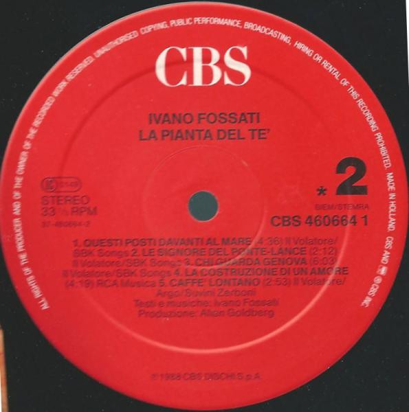 Ivano Fossati - La Pianta Del Te' | CBS (CBS 460664 1) - 4