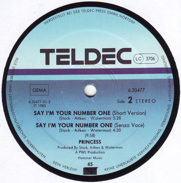 Princess - Say I'm Your No. 1 | TELDEC (6.20477) - 4