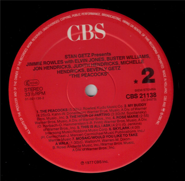 Stan Getz Presents Jimmy Rowles - The Peacocks | CBS (CBS 21138) - 3