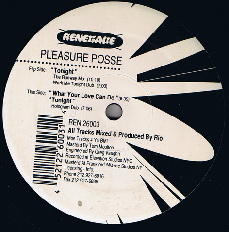 Pleasure Posse - Tonight | Renegade Records NYC (REN 26003) - main