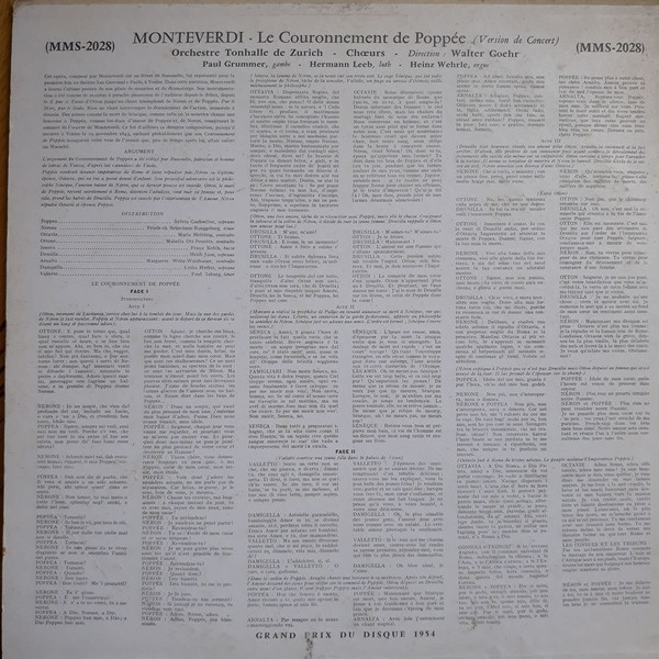 Claudio Monteverdi , Tonhalle-Orchester Zürich Direction: Walter Goehr - Le Couronnement De Poppée | Guilde Internationale Du Disque (MMS-2028) - 2