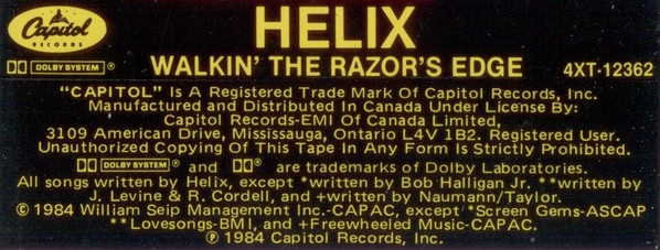 Helix - Walkin' The Razor's Edge [Cassette] | Capitol Records (4XT-12362) - 2