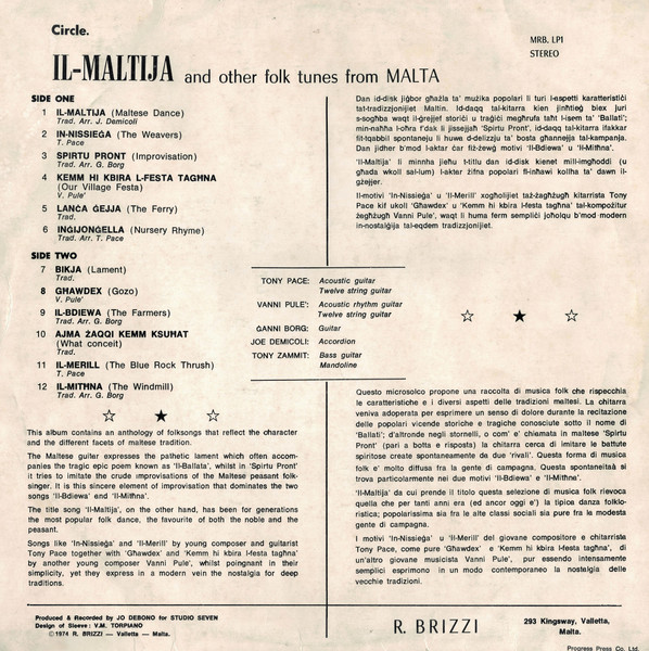 Tony Pace , Vanni Pule' , Ġanni Borg , Joe Demicoli , Tony Zammit - Il-Maltija And Other Folk Tunes From Malta | Circle (MRB. LP1) - 3