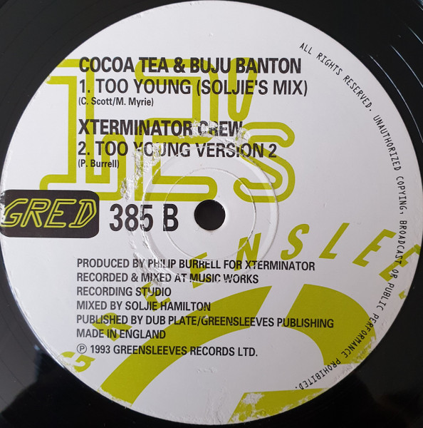 Cocoa Tea & Buju Banton - Too Young | Greensleeves Records (GRED 385) - 2