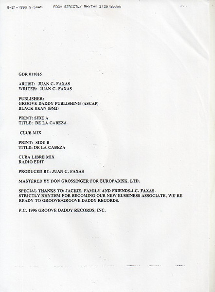 Juan C. Faxas - De La Cabeza | Groove Daddy Records (GDR0011016) - 3