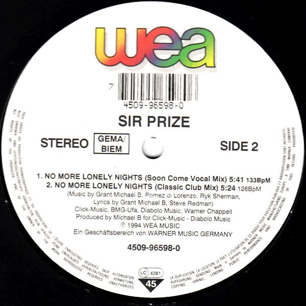 Sir Prize - No More Lonely Nights | WEA (4509 96598-0)