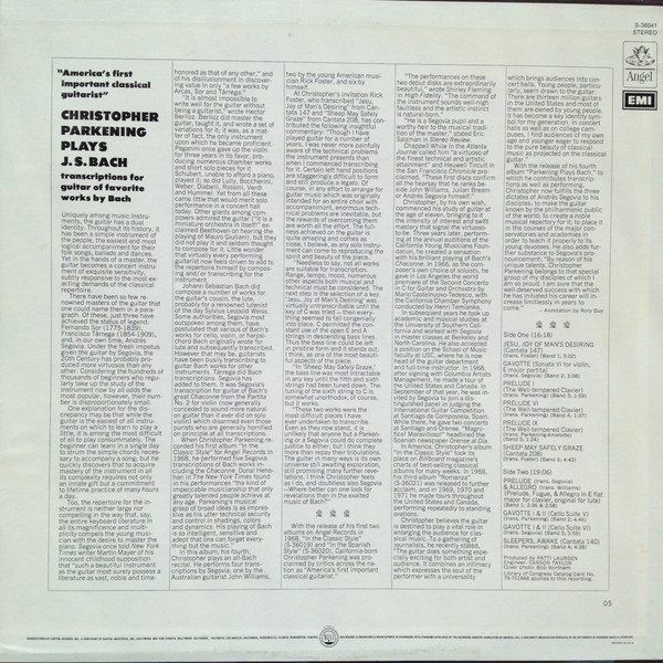 Christopher Parkening - Parkening Plays Bach [Vinyl] | Angel Records (S-36041) - 2