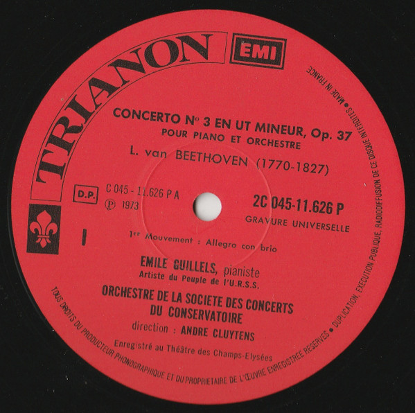 Ludwig van Beethoven , Emil Gilels , Orchestre De La Société Des Concerts Du Conservatoire , André Cluytens - Concerto N° 3 En Ut Mineur | Trianon (2C 045-11626) - 2