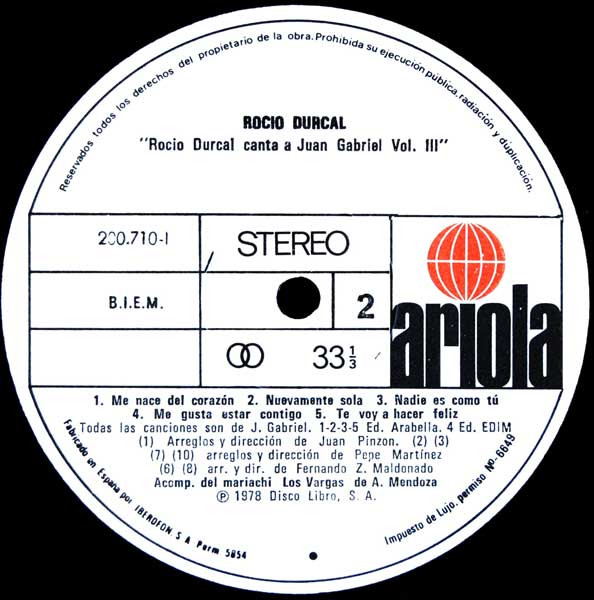 Rocío Dúrcal - Canta A Juan Gabriel Volumen 3 | Ariola (200.710-I) - 4