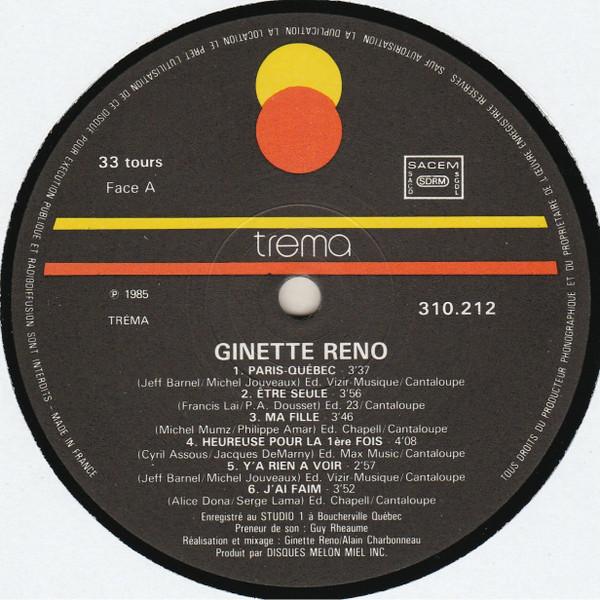 Ginette Reno - Paris-Québec / Être Seule | Trema (310 212) - 2