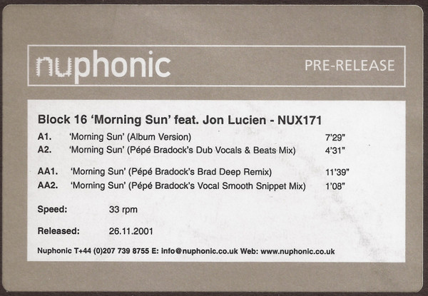 Block 16 Feat. Jon Lucien - Morning Sun | Nuphonic (NUX171) - 3 Block 16 Feat. Jon Lucien - Morning Sun | Nuphonic (NUX171) - 3