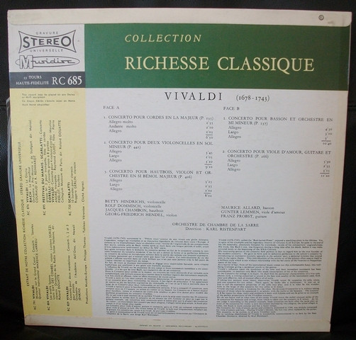 Antonio Vivaldi - Kammerorchester Des Saarländischen Rundfunks, Saarbrücken , Direction : Karl Ristenpart - Vivaldi (Concertos) | Musidisc (30 RC 685) - 2