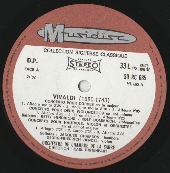 Antonio Vivaldi - Kammerorchester Des Saarländischen Rundfunks, Saarbrücken , Direction : Karl Ristenpart - Vivaldi (Concertos) | Musidisc (30 RC 685) - 3