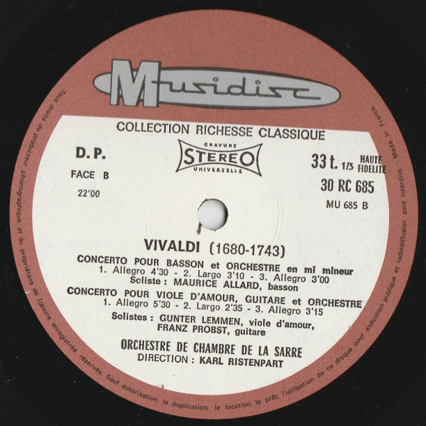 Antonio Vivaldi - Kammerorchester Des Saarländischen Rundfunks, Saarbrücken , Direction : Karl Ristenpart - Vivaldi (Concertos) | Musidisc (30 RC 685) - 4