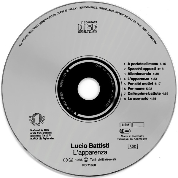 Lucio Battisti - L'Apparenza | Numero Uno (PD 71850) - 3