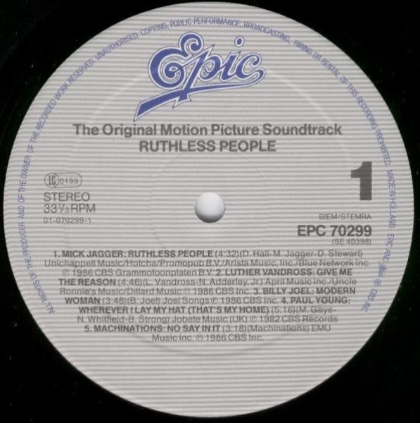 Various - Ruthless People: The Original Motion Picture Soundtrack | Epic (EPC 70299) Various - Ruthless People: The Original Motion Picture Soundtrack | Epic (EPC 70299)