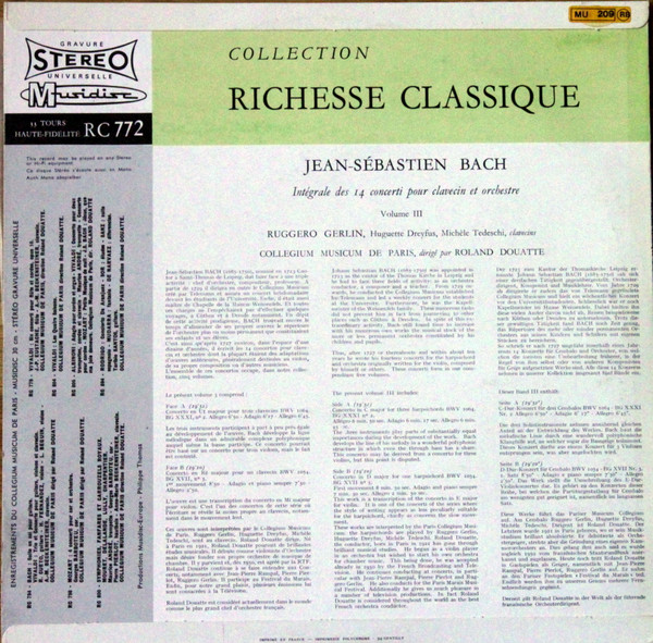 Johann Sebastian Bach - Ruggero Gerlin , Huguette Dreyfus , Michèle Tedeschi - Intégrale Des 14 Concerti Pour Clavecin Et Orchestre (Volume III) | Musidisc (30 RC 772) - 2