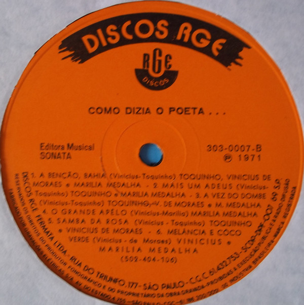 Vinicius , Marilia Medalha , Toquinho - Como Dizia O Poeta... | Discos RGE (303.0007) - 3