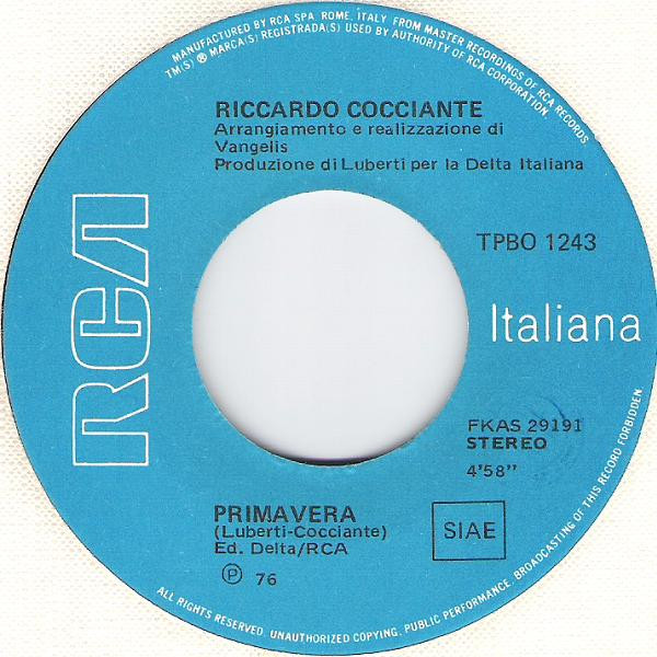 Riccardo Cocciante - Margherita / Primavera | RCA (TPBO 1243) - 4