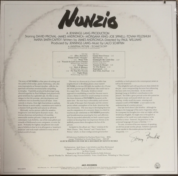 Lalo Schifrin - Nunzio (Original Motion Picture Soundtrack) | MCA Records (MCA-2374) - 2