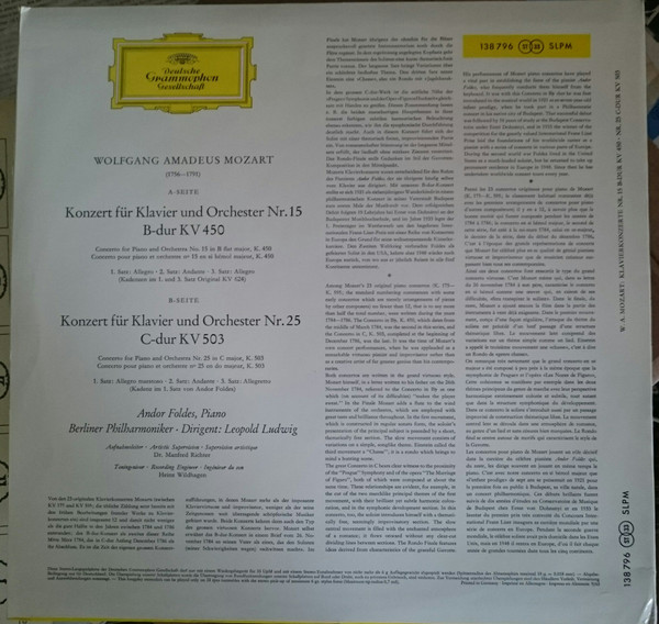 Wolfgang Amadeus Mozart , Andor Foldes , Berliner Philharmoniker , Leopold Ludwig - Klavierkonzerte B-Dur KV 450 - C-Dur KV 503 | Deutsche Grammophon (SLPM 138 796) - 2