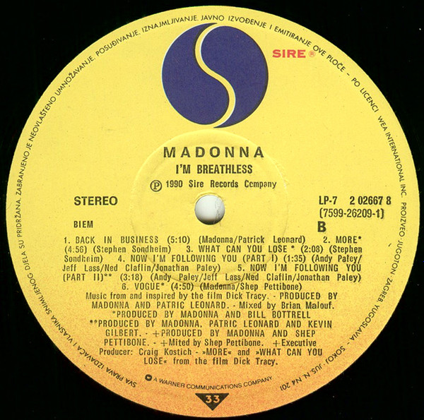 Madonna - I'm Breathless (Music From And Inspired By The Film Dick Tracy) | Jugoton (LP-7 2 02667 8) - 4