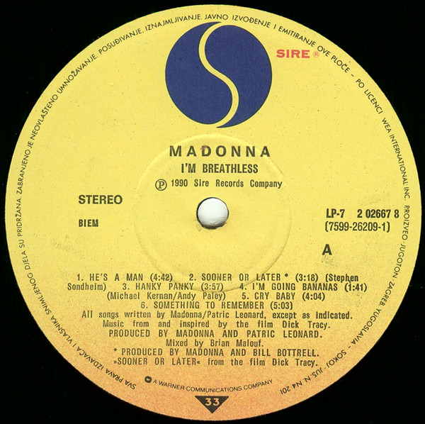 Madonna - I'm Breathless (Music From And Inspired By The Film Dick Tracy) | Jugoton (LP-7 2 02667 8) - 3