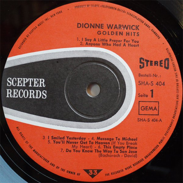 Dionne Warwick - Golden Hits | Scepter Records (SHA-S 404) - 3
