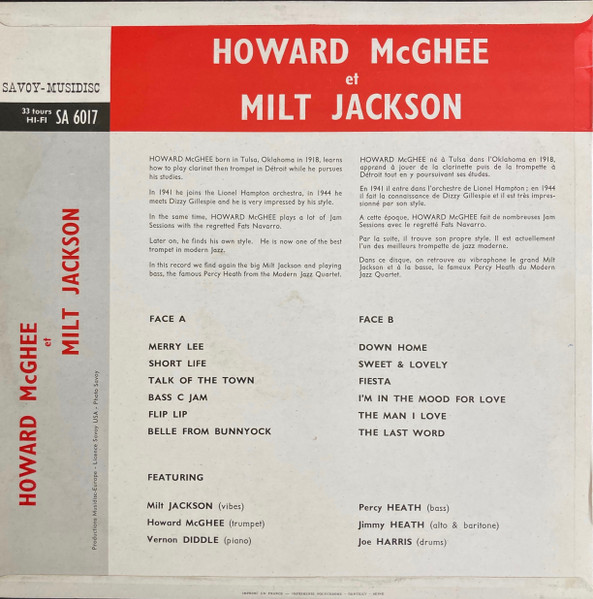 Howard McGhee - Milt Jackson - Howard McGhee Et Milt Jackson | Savoy-Musidisc (SA 6017) - 2