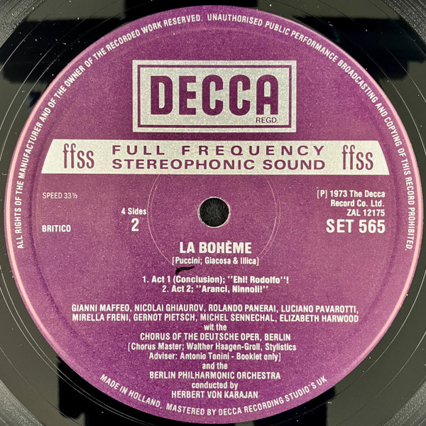 Giacomo Puccini - Luciano Pavarotti · Mirella Freni · Nicolai Ghiaurov · Elizabeth Harwood · Rolando Panerai · Gianni Maffeo · Berliner Philharmoniker · Herbert von Karajan - La Bohème | Decca (SET 565-6) - 4