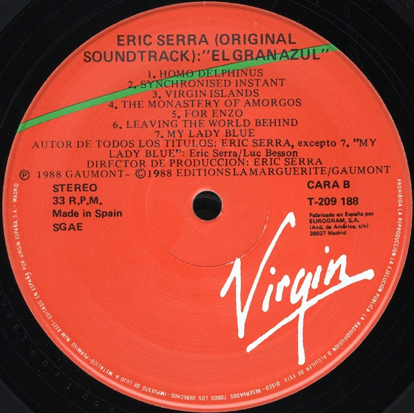 Eric Serra - El Gran Azul (Banda Sonora Original De La Pelicula) | Virgin (T-209 188) - 3