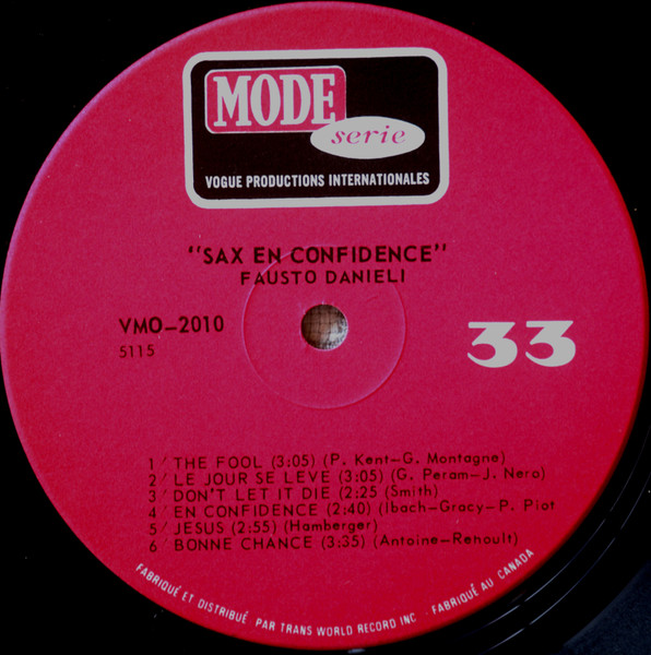Fausto Danieli, Son Saxophone Et Son Orchestre - Sax En Confidence [Vinyl] | Disques Vogue (VMO-2010) - 3