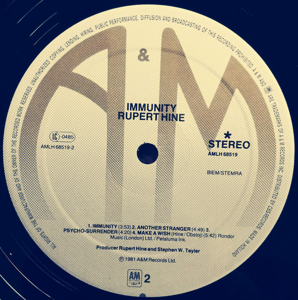 Rupert Hine - Immunity | A&M Records (AMLH 68519) - 4