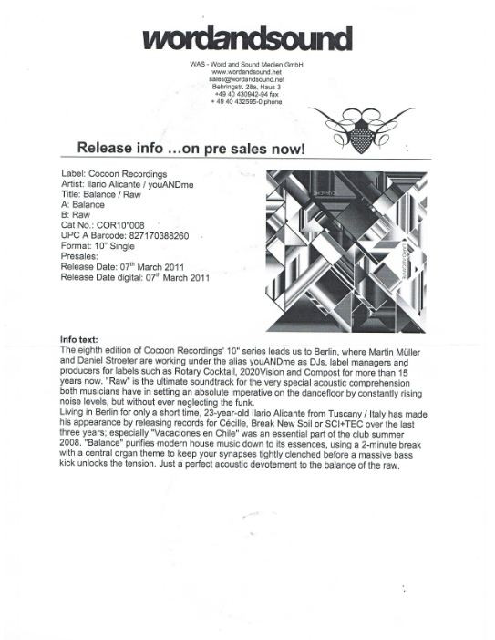 Ilario Alicante / youANDme - Balance / Raw | Cocoon Recordings (COR10"008)