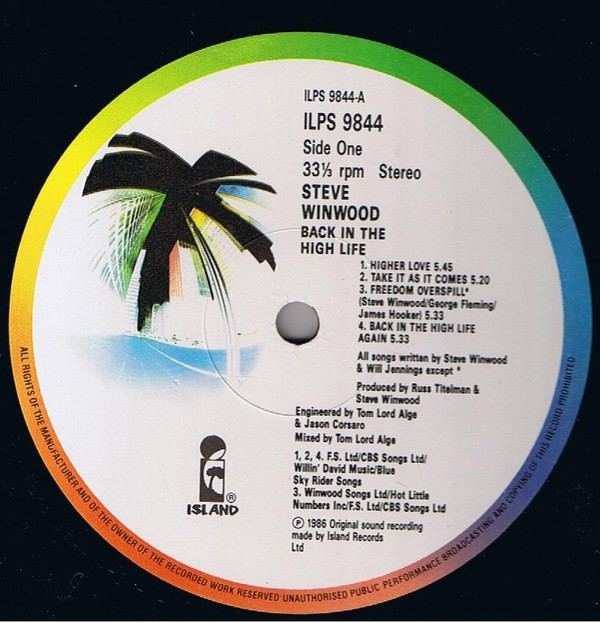 Steve Winwood - Back In The High Life | Island Records (ILPS 9844) - main Steve Winwood - Back In The High Life | Island Records (ILPS 9844) - main