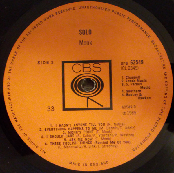 Thelonious Monk - Solo Monk | CBS (BPG 62549) - 3