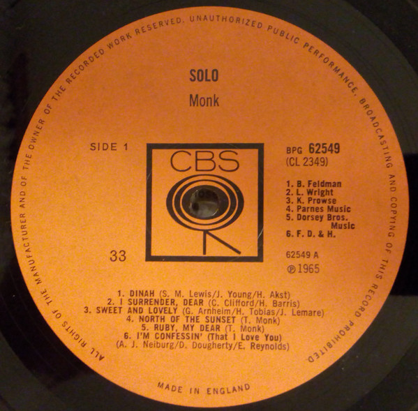 Thelonious Monk - Solo Monk | CBS (BPG 62549) - 2